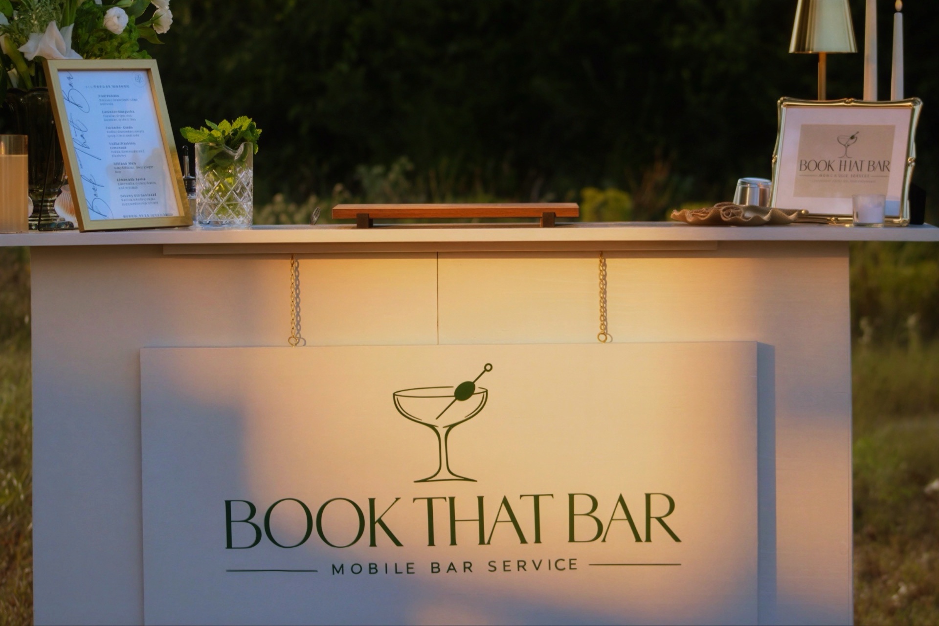 The Book That Bar mobile bar set up in warm evening light